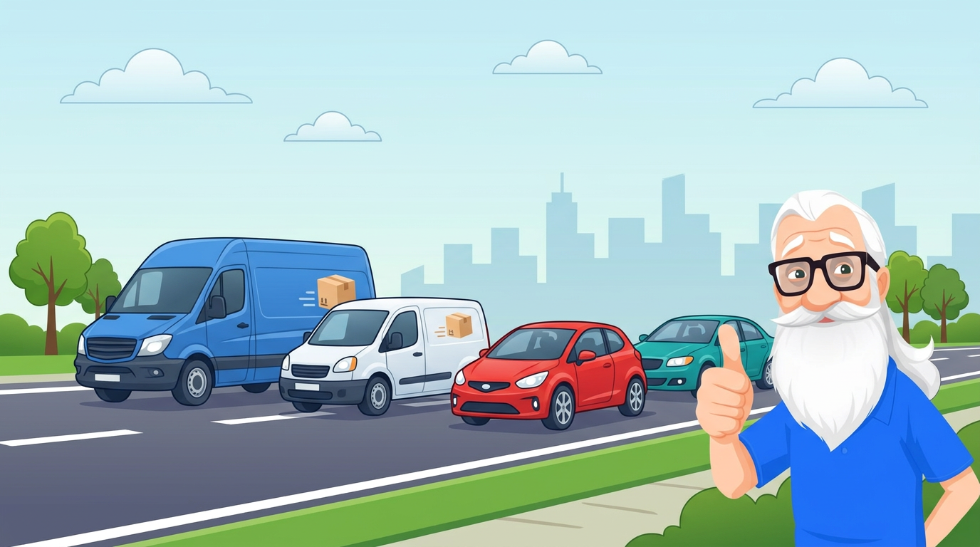 Illustrazione furgoni e auto Ecopart Italia con la mascotte dei trasporti